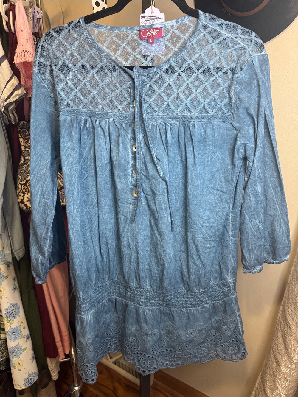 Celine Blue Embroidered Cotton Tunic Top